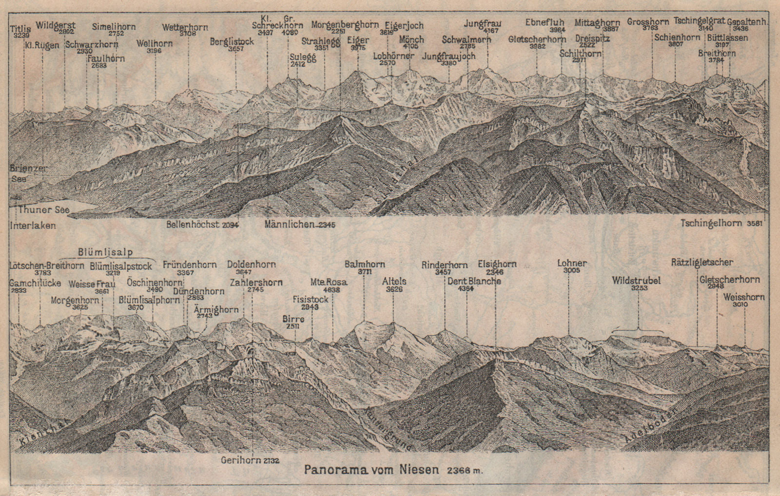 PANORAMA from/von NIESEN 2366m. Blumisalp Jungfrau Switzerland Schweiz 1920 map